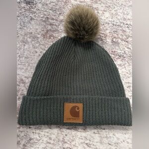 Carhartt Olive Knit Beanie with Faux Fur Pom